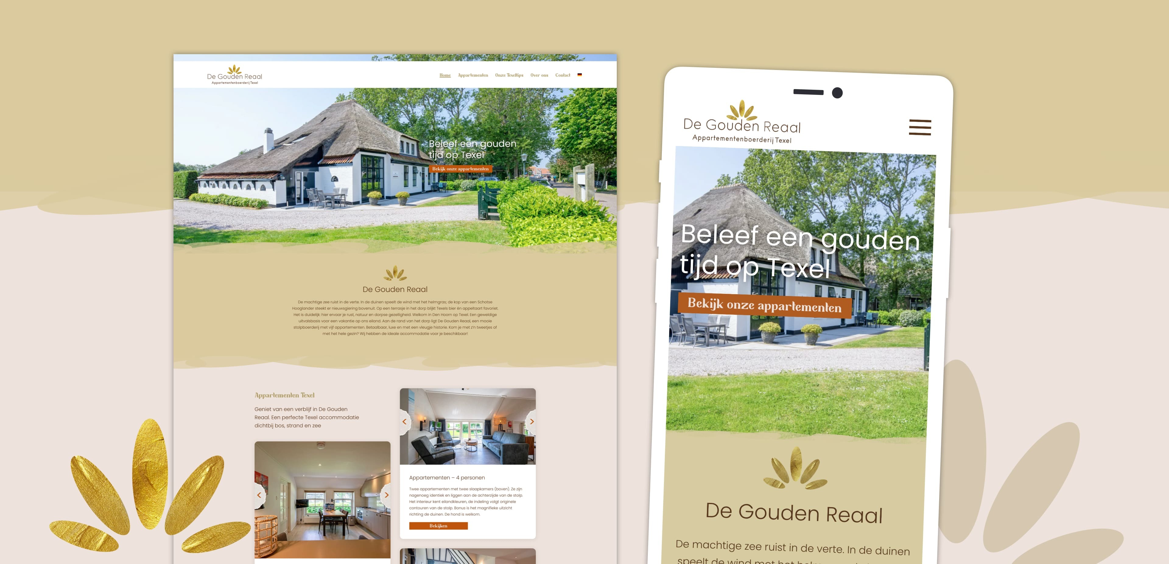 Een website en mobiele weergave tonen de homepage van appartementenverhuur De Gouden Real, met een rieten huis, logo en afbeeldingen van het interieur en exterieur van het pand - perfecte inspiratie voor webshops of andere online diensten.
