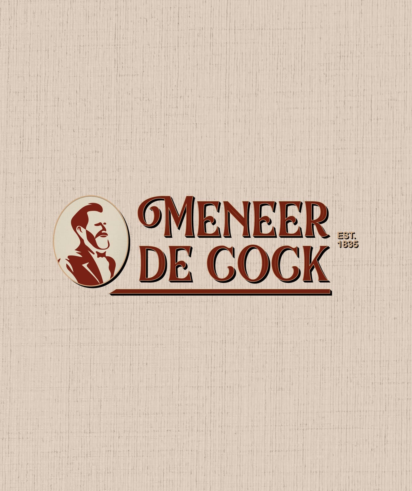 Logo voor Meneer De Cock met een illustratie van een zijprofiel van een man in een cirkel, met de tekst 'Est. 1935' op een gestructureerde beige achtergrond. Perfect voor websites of webshops die op zoek zijn naar een klassieke, tijdloze branding.