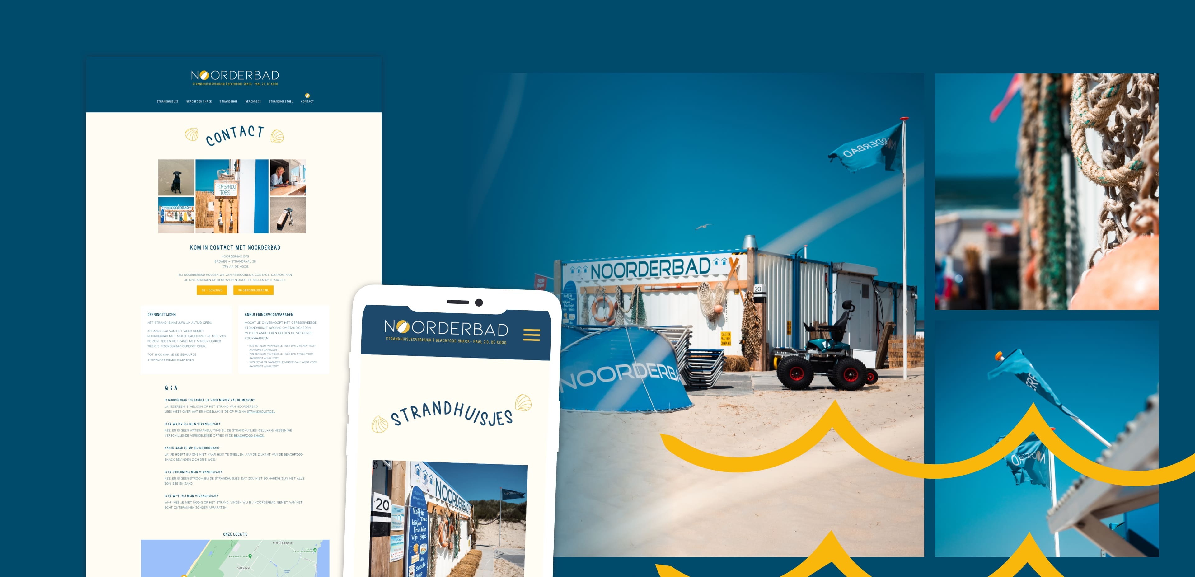 Collage met de websites van een strandclub op desktop en mobiel, naast foto's van de strandclub, strandvlaggen en nautische decoratie tegen een helderblauwe lucht.